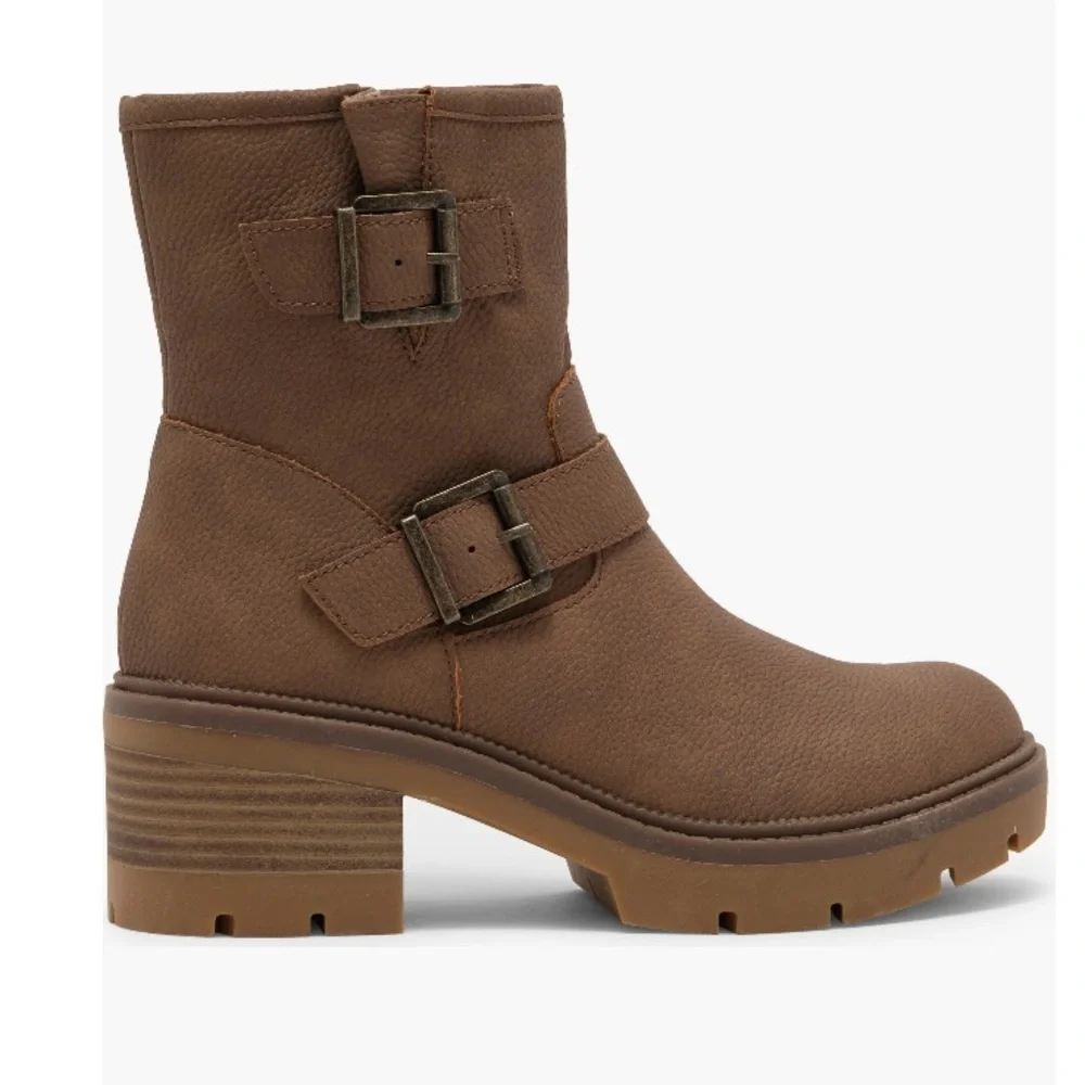 B.O.C Monika Platform Moto Brown Buckle Chunky Heel Lug Sole Booties Sz 9